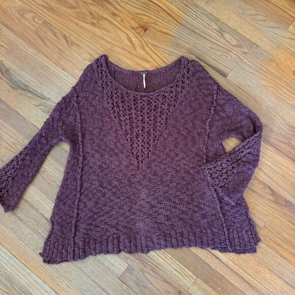 Free People Women Mauve Sheer Front Chunky Knit Pretty Pointelle Vee Sweater Sma - Picture 4 of 9